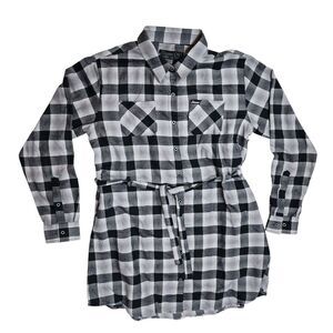 Dixxon Flannel Womens XL Dress Mickey Black Gray Plaid Button Up Long Sleeve